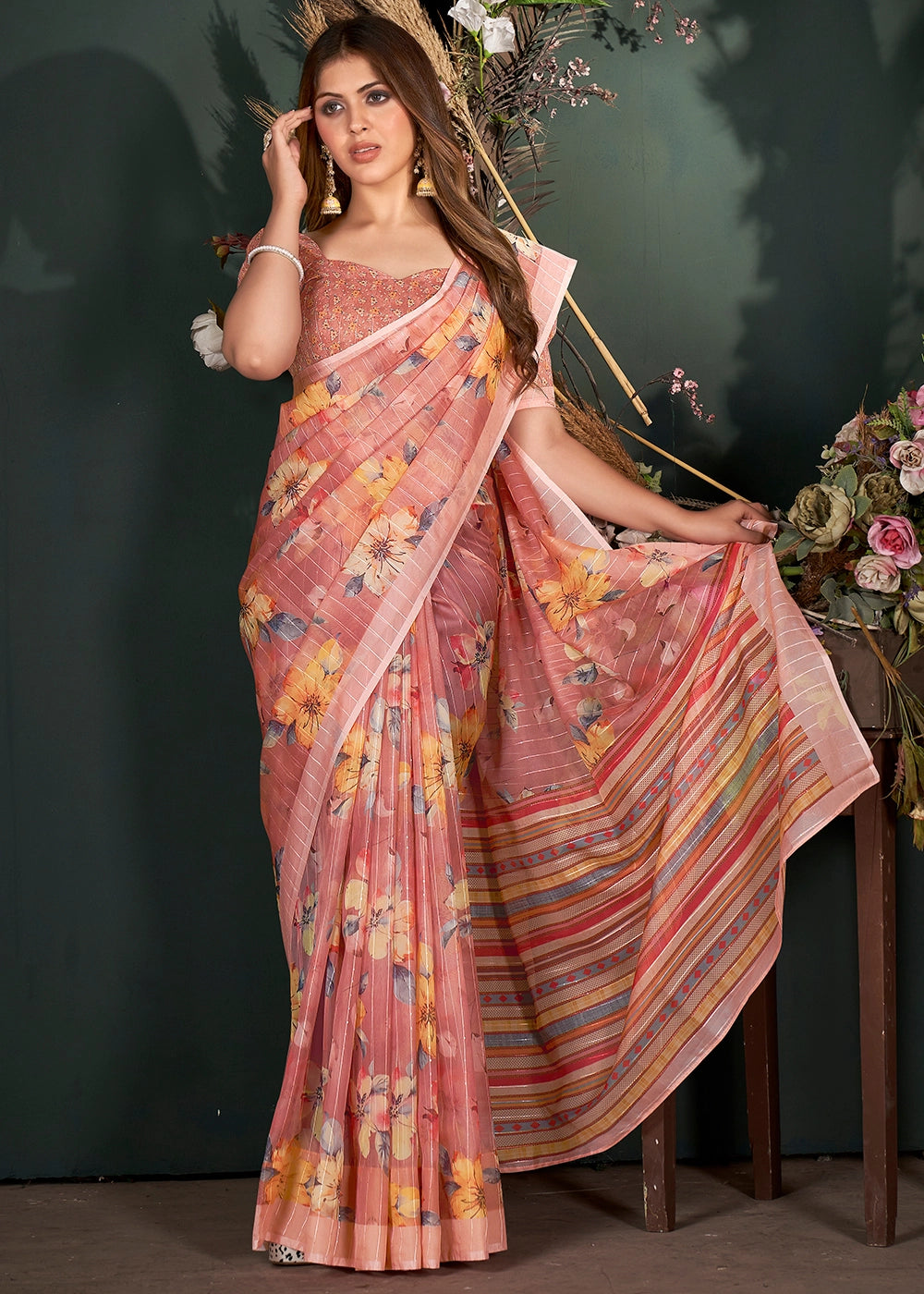 Rouge Pink Silk Saree with Digital Print and Sequin Highlights