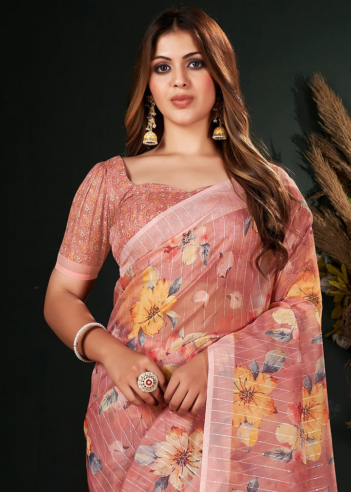 Rouge Pink Silk Saree with Digital Print and Sequin Highlights