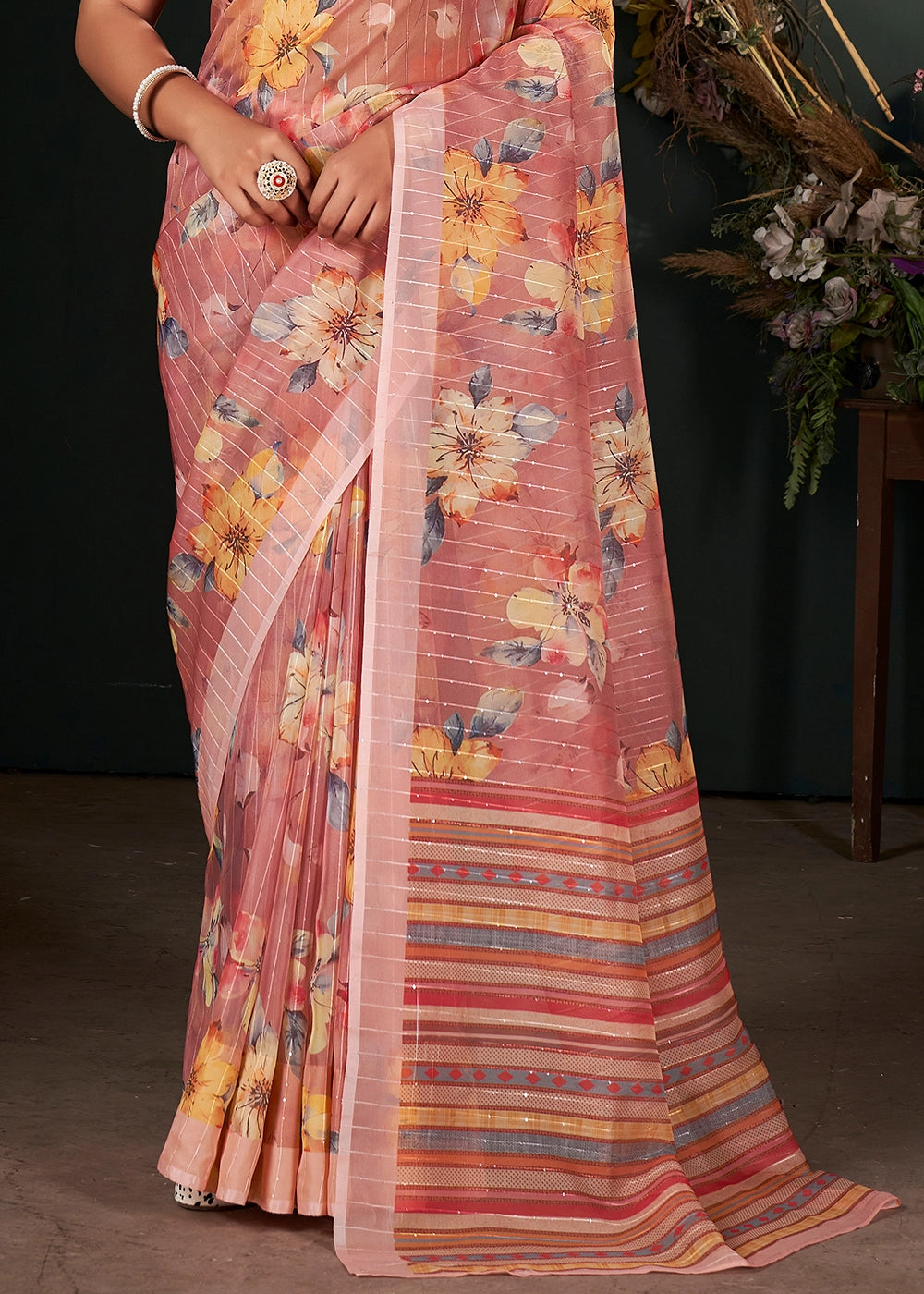 Rouge Pink Silk Saree with Digital Print and Sequin Highlights