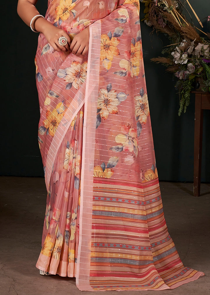 Rouge Pink Silk Saree with Digital Print and Sequin Highlights
