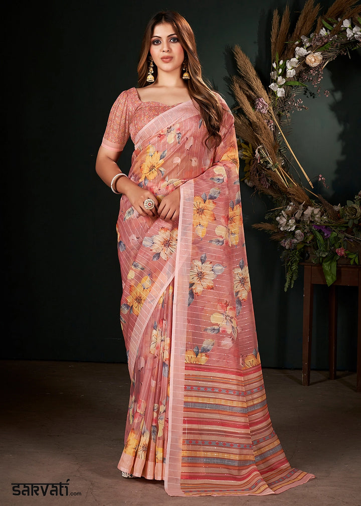 Rouge Pink Silk Saree with Digital Print and Sequin Highlights