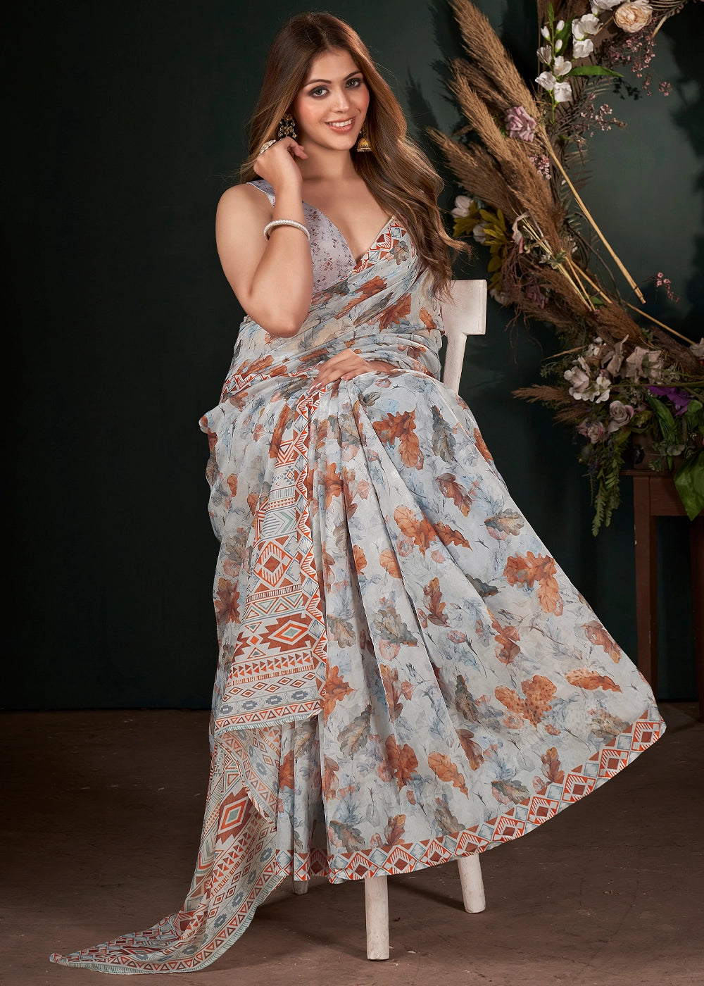 Slate Grey Silk Saree with Floral Digital Print