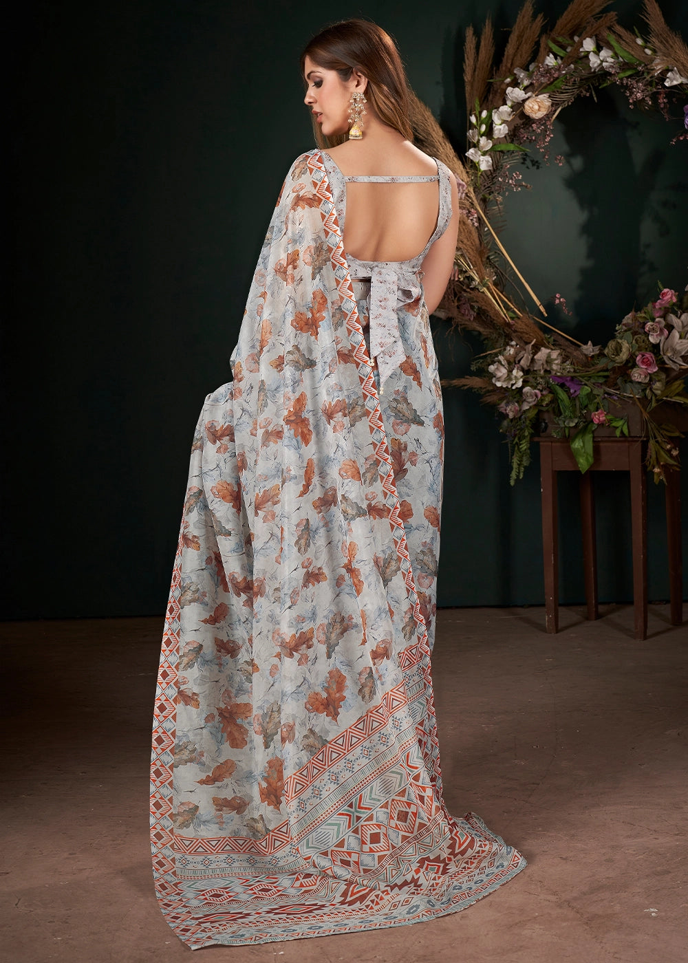 Slate Grey Silk Saree with Floral Digital Print