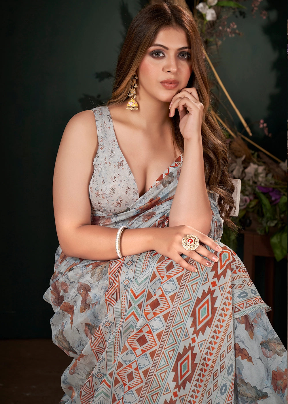 Slate Grey Silk Saree with Floral Digital Print