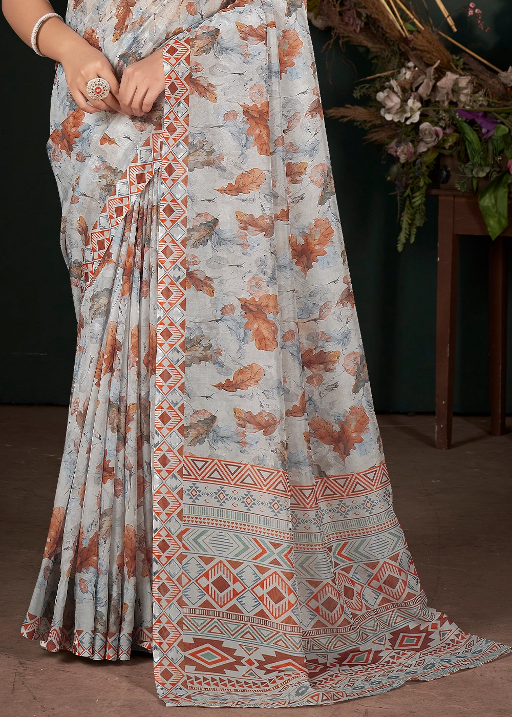 Slate Grey Silk Saree with Floral Digital Print