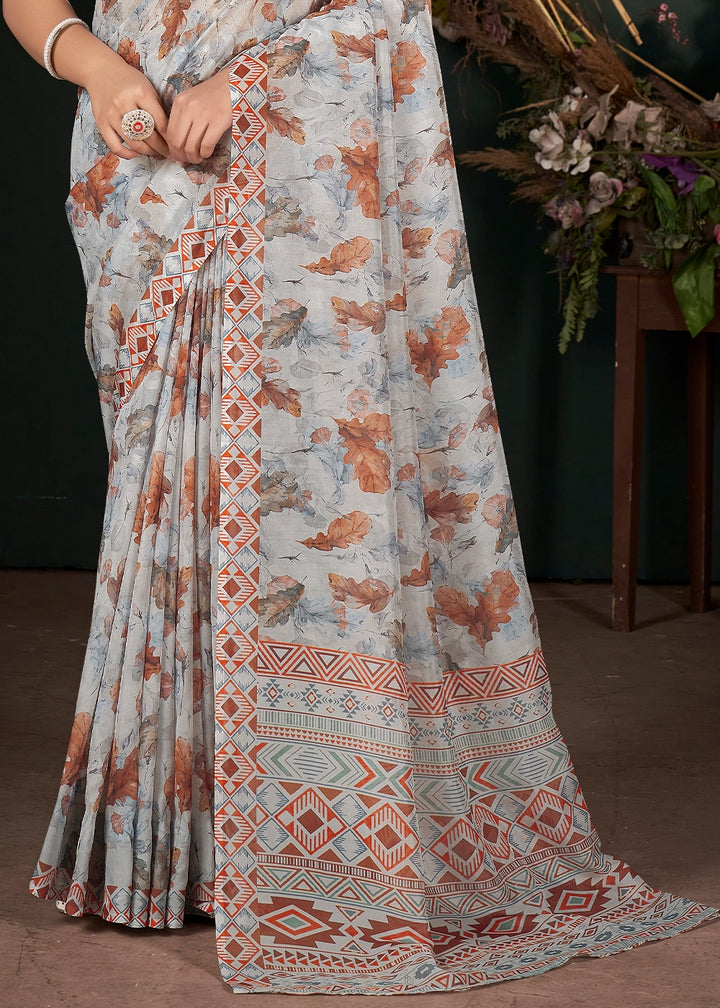 Slate Grey Silk Saree with Floral Digital Print