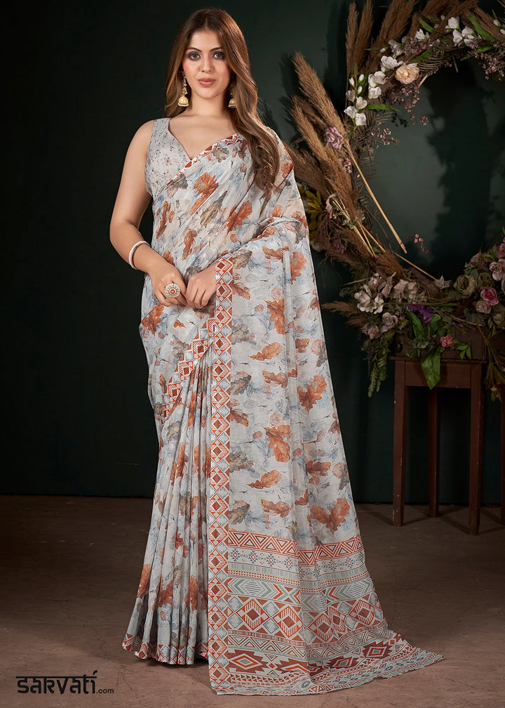 Slate Grey Silk Saree with Floral Digital Print