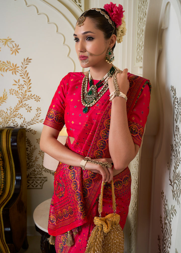 Bright Pink Banarasi Silk Saree with Intricate Patola Weaving