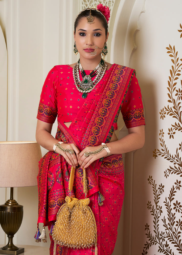 Bright Pink Banarasi Silk Saree with Intricate Patola Weaving