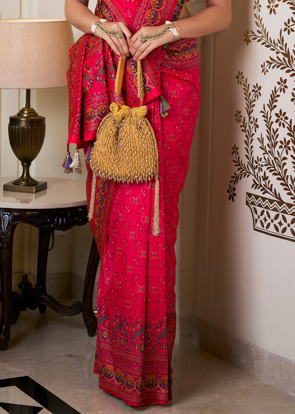 Bright Pink Banarasi Silk Saree with Intricate Patola Weaving