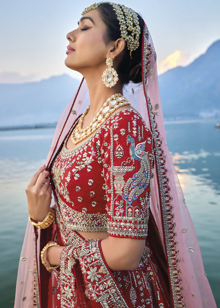 Crimson Red Banarasi Silk Lehenga Choli with Elegant Khatli Work and Handcrafted Embroidery