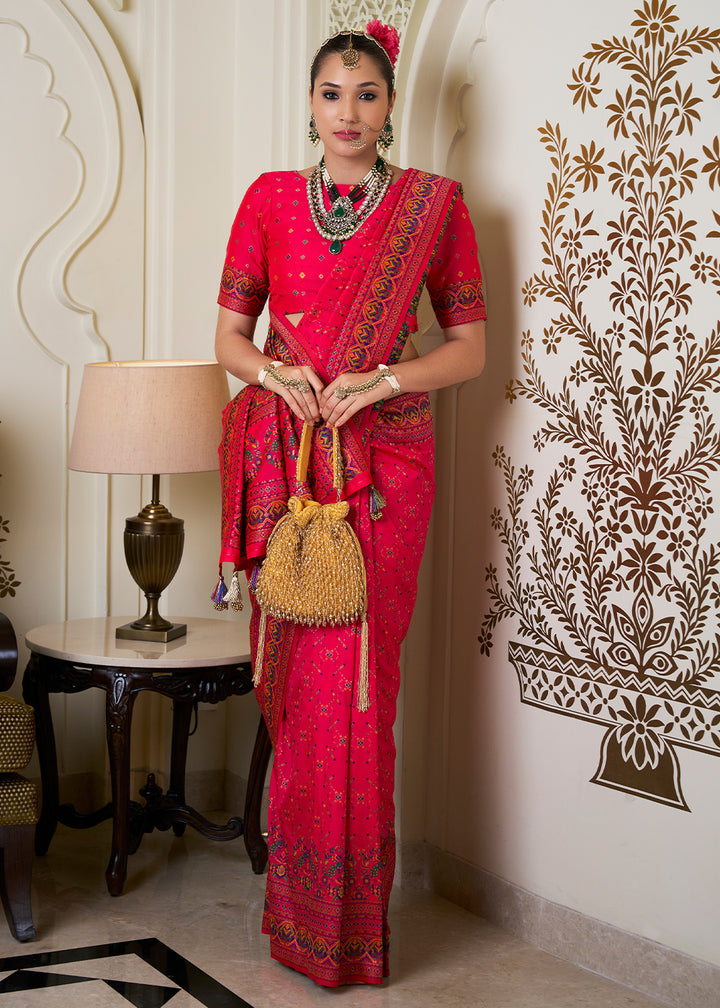 Bright Pink Banarasi Silk Saree with Intricate Patola Weaving