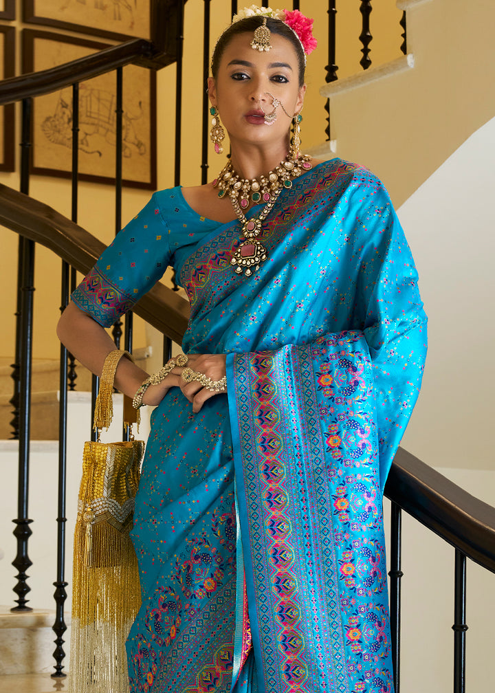 Ocean Blue Banarasi Silk Saree with Intricate Patola Weaving