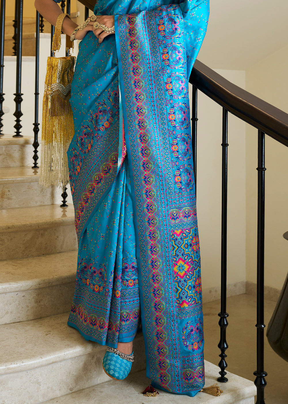 Ocean Blue Banarasi Silk Saree with Intricate Patola Weaving