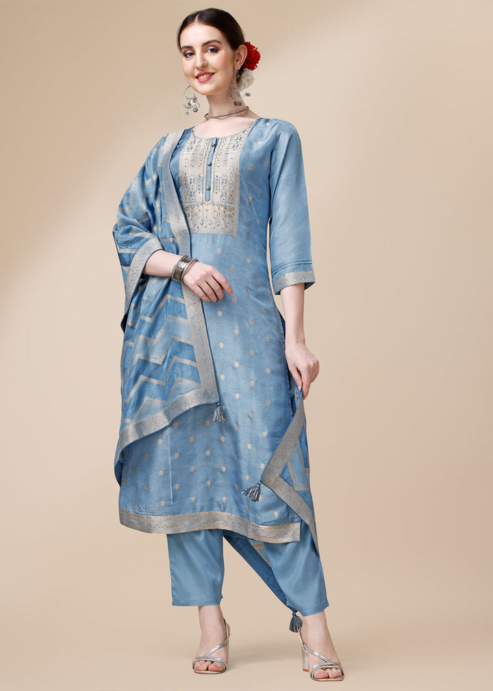 Shades Of Blue Dola Jacquard Silk Suit with Elegant Hand Embroidery