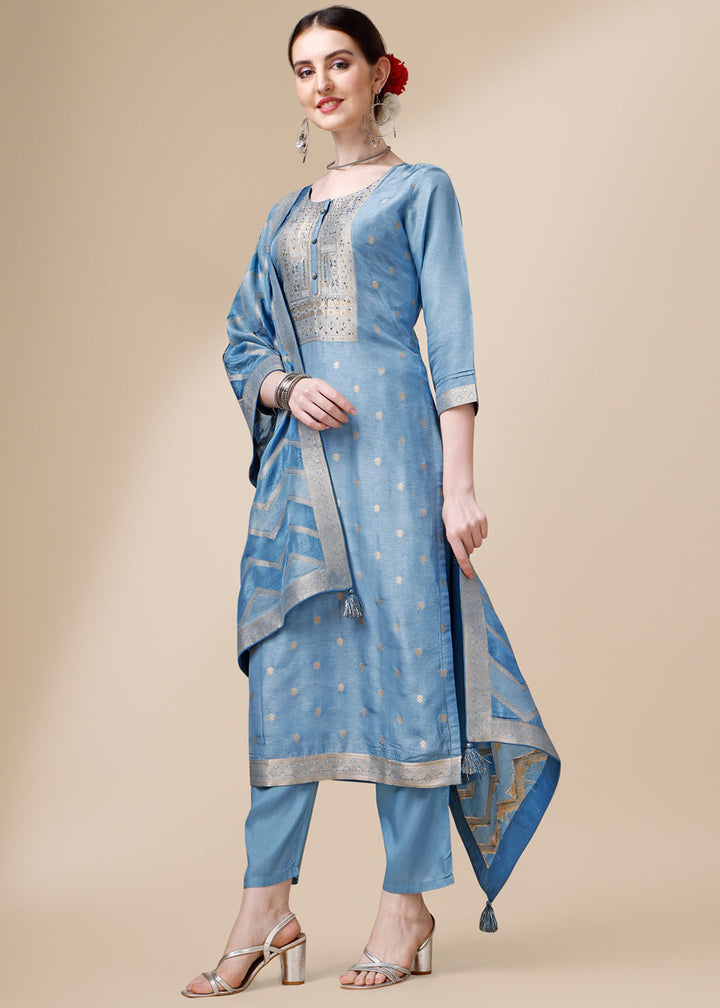 Shades Of Blue Dola Jacquard Silk Suit with Elegant Hand Embroidery