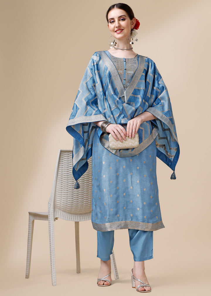 Shades Of Blue Dola Jacquard Silk Suit with Elegant Hand Embroidery