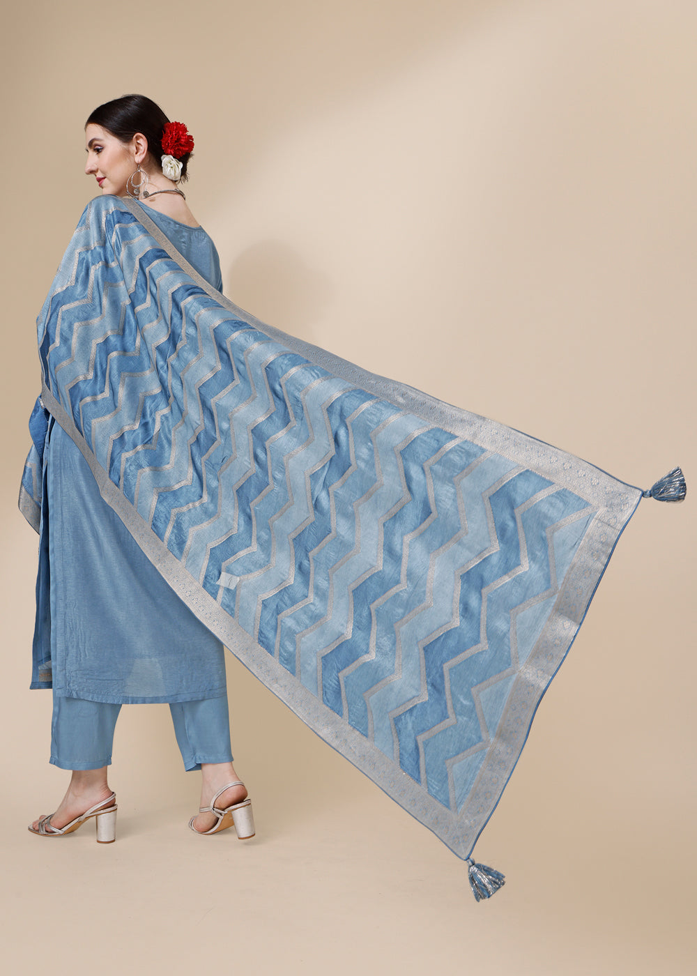 Shades Of Blue Dola Jacquard Silk Suit with Elegant Hand Embroidery