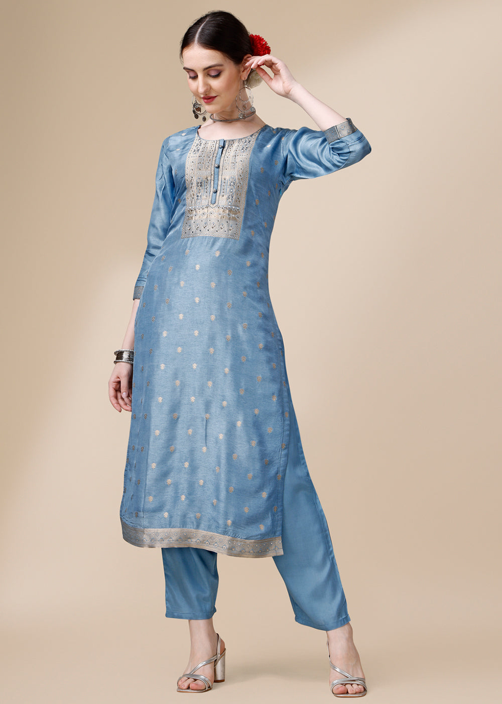 Shades Of Blue Dola Jacquard Silk Suit with Elegant Hand Embroidery