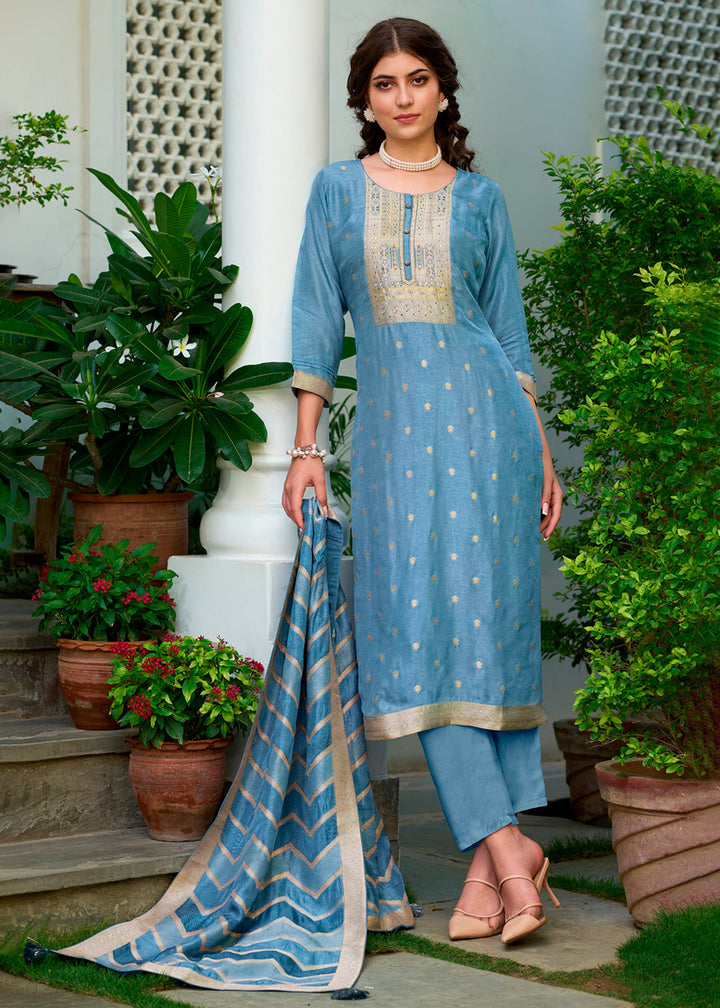 Shades Of Blue Dola Jacquard Silk Suit with Elegant Hand Embroidery