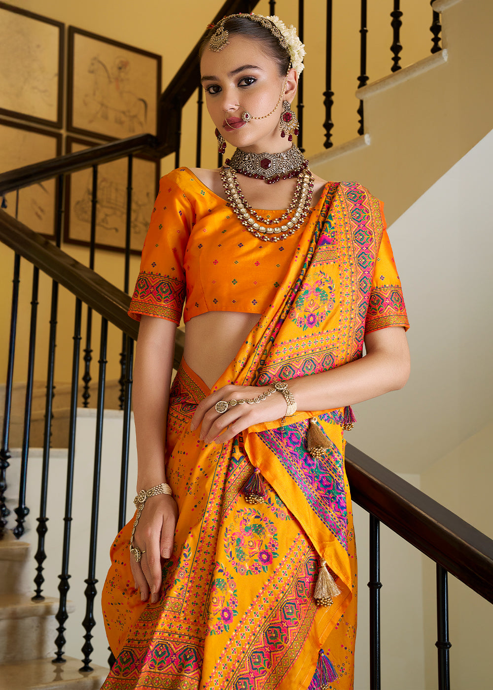 Fire Yellow Banarasi Silk Saree with Intricate Patola Weaving