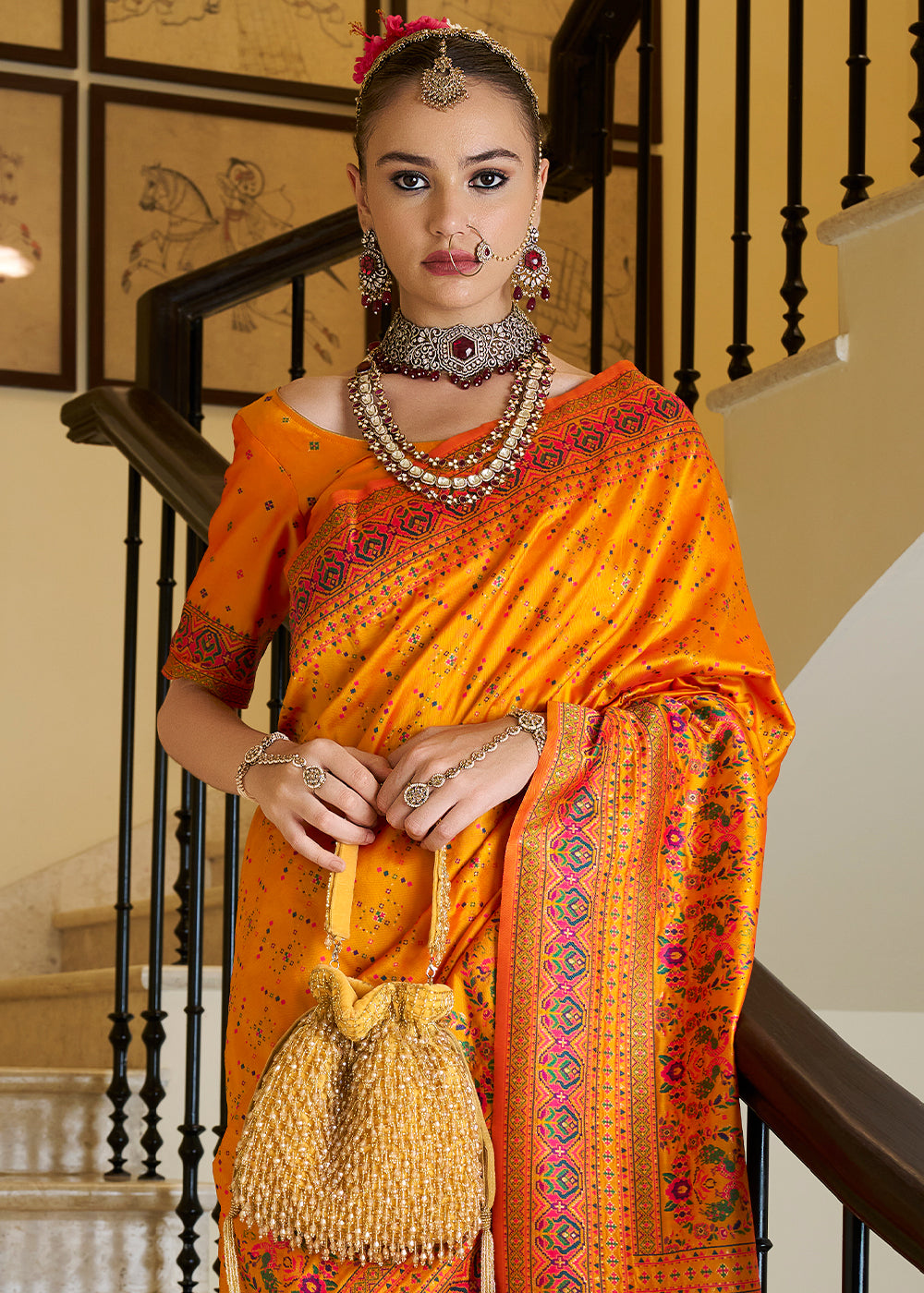 Fire Yellow Banarasi Silk Saree with Intricate Patola Weaving