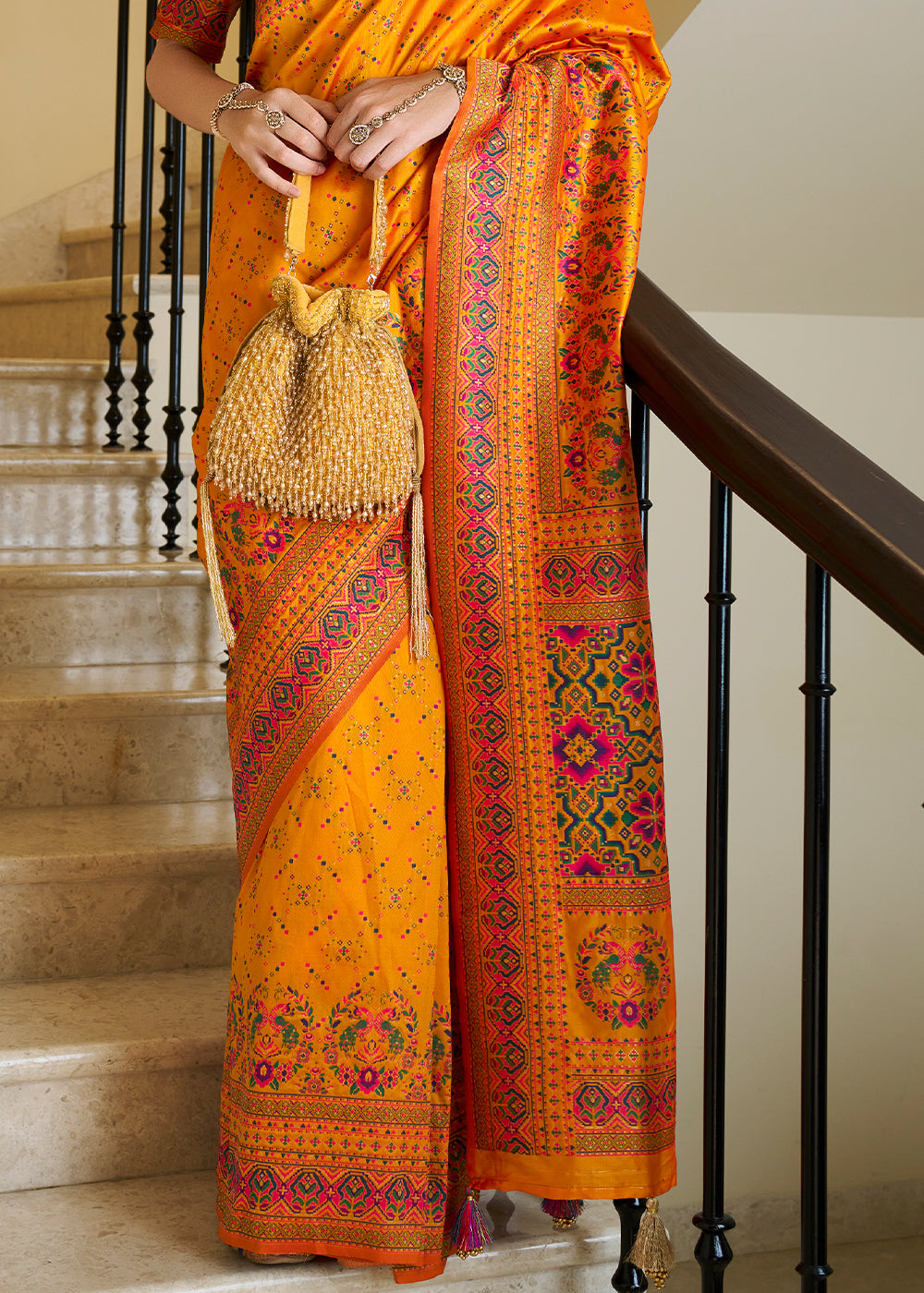 Fire Yellow Banarasi Silk Saree with Intricate Patola Weaving