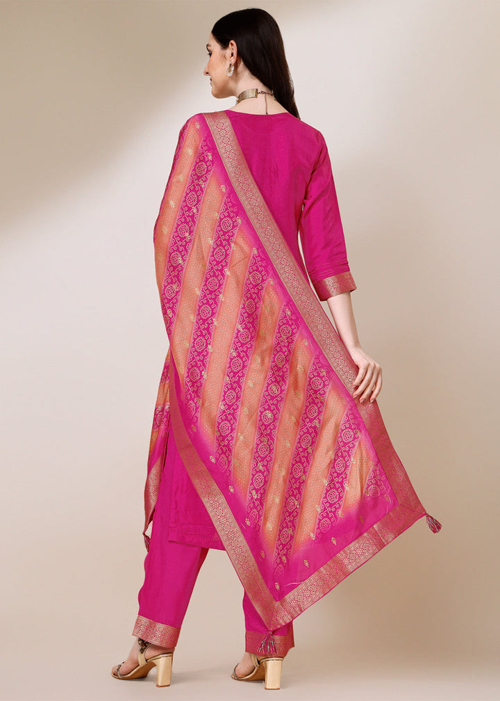 Hot Pink Dola Jacquard Silk Suit with Elegant Zari Work