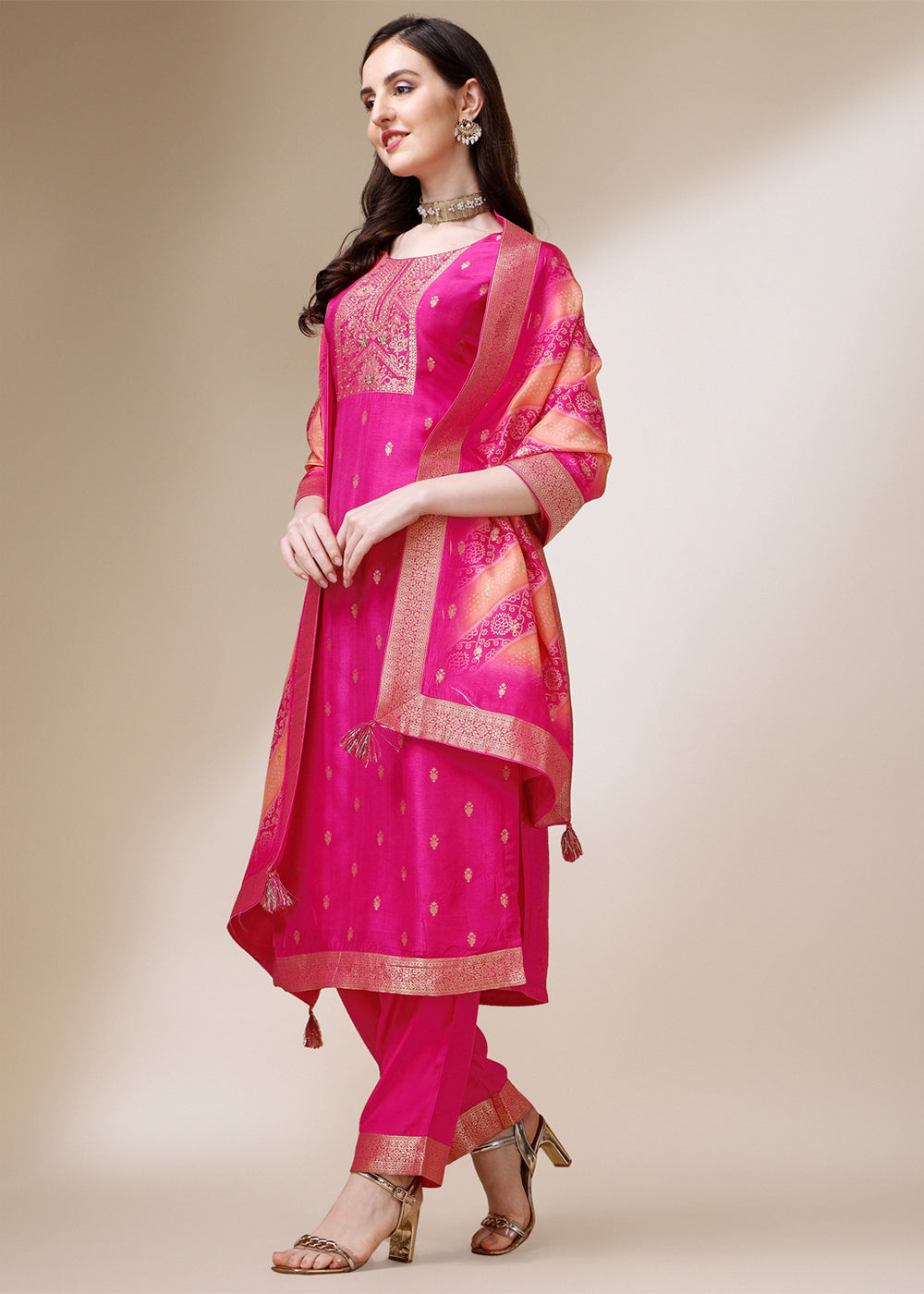 Hot Pink Dola Jacquard Silk Suit with Elegant Zari Work