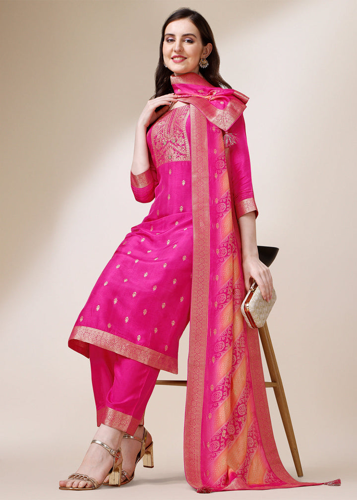 Hot Pink Dola Jacquard Silk Suit with Elegant Zari Work