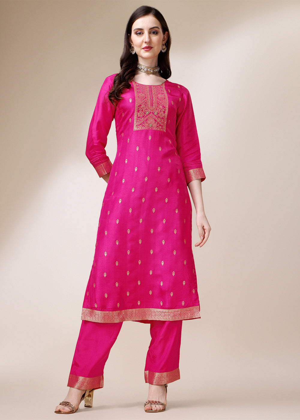 Hot Pink Dola Jacquard Silk Suit with Elegant Zari Work