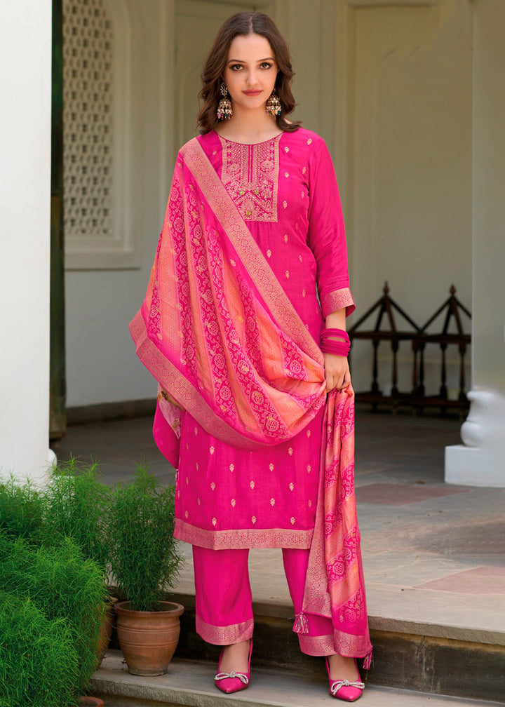 Hot Pink Dola Jacquard Silk Suit with Elegant Zari Work