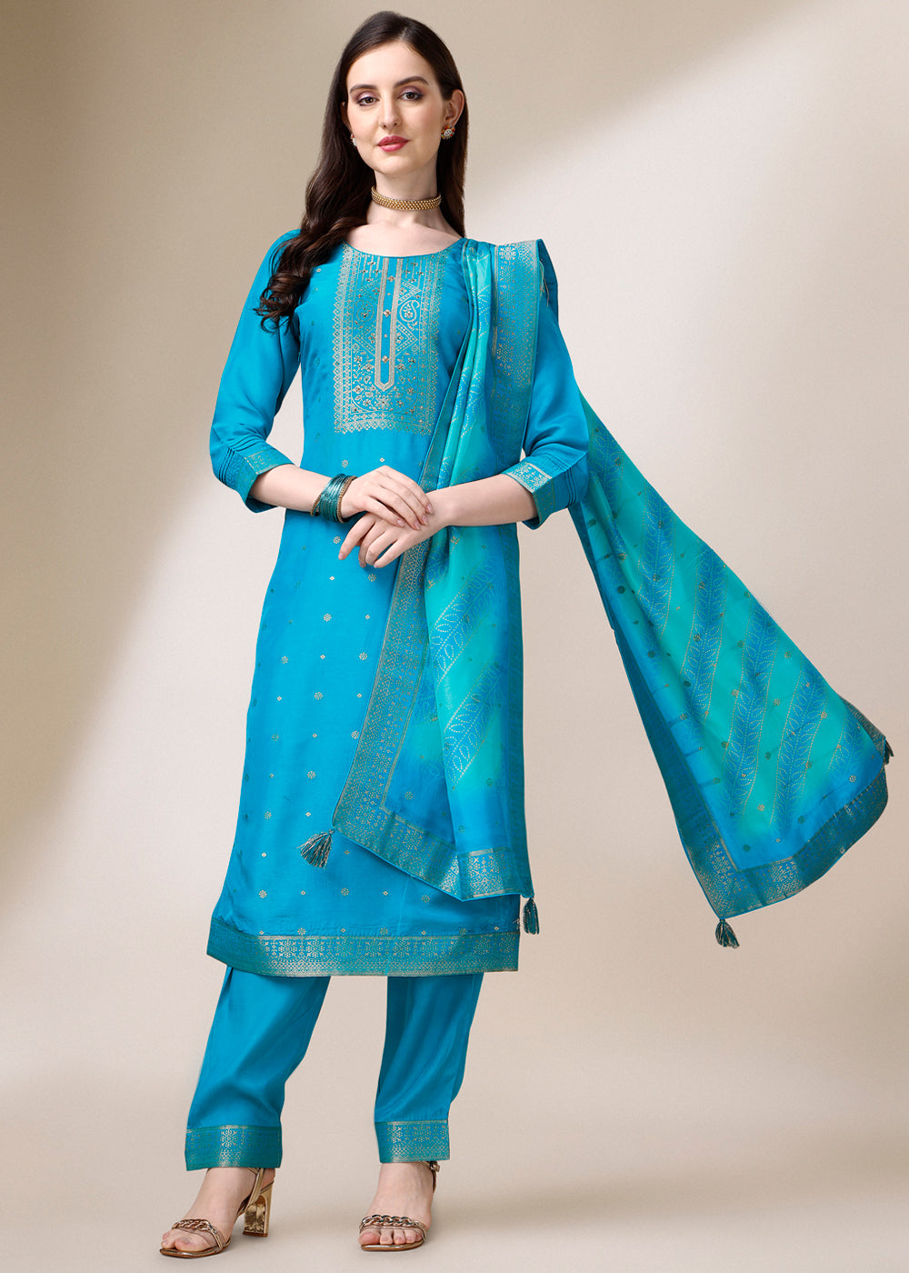 Cerulean Blue Dola Jacquard Silk Suit with Elegant Zari Work