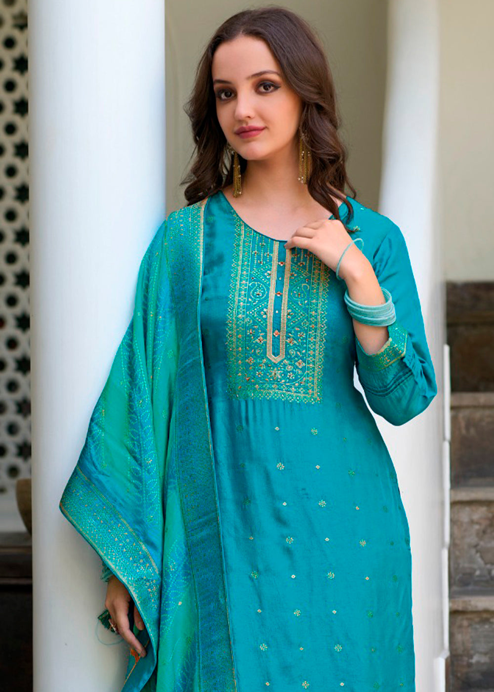 Cerulean Blue Dola Jacquard Silk Suit with Elegant Zari Work