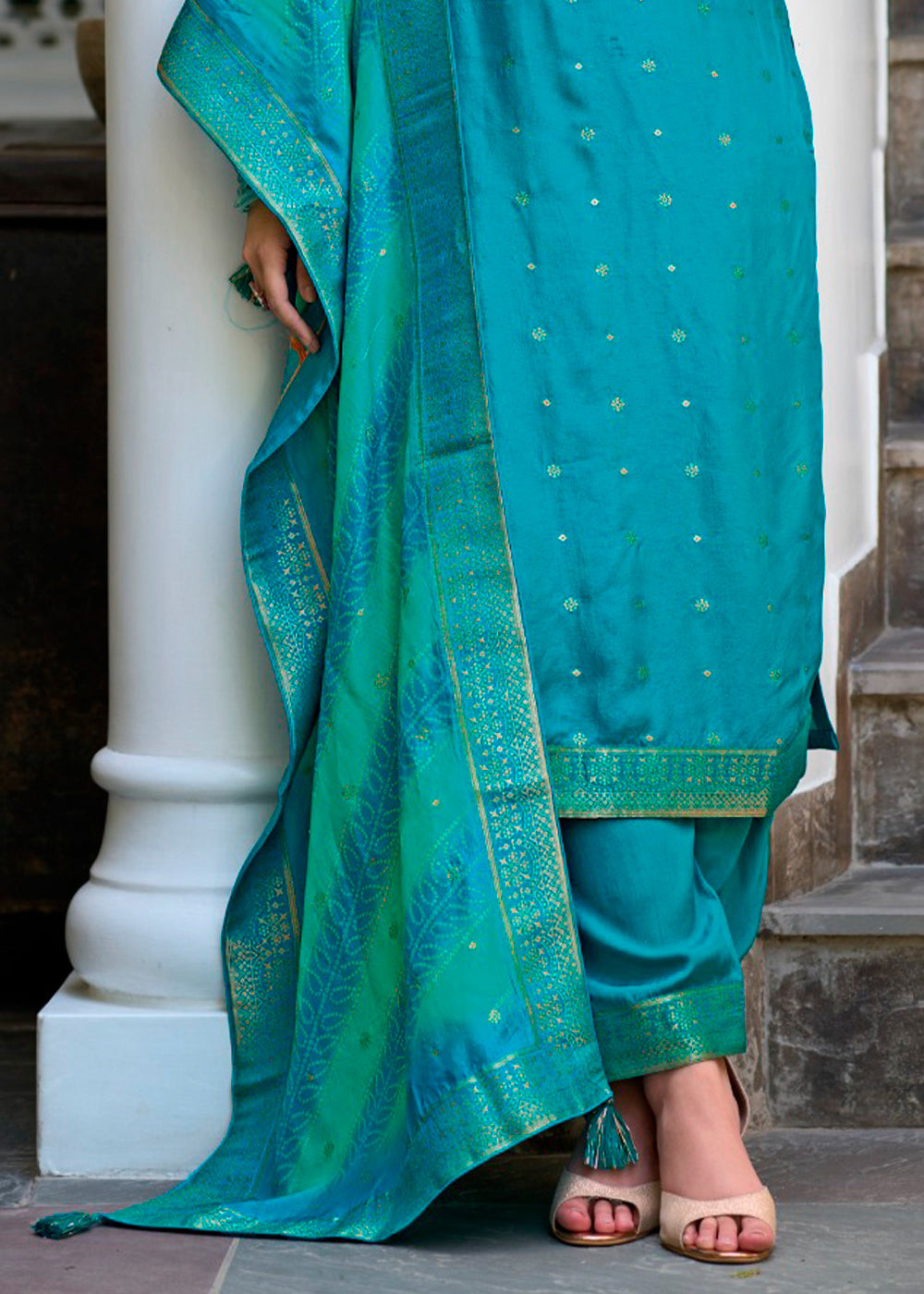 Cerulean Blue Dola Jacquard Silk Suit with Elegant Zari Work