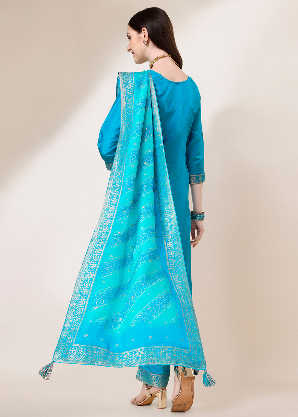 Cerulean Blue Dola Jacquard Silk Suit with Elegant Zari Work