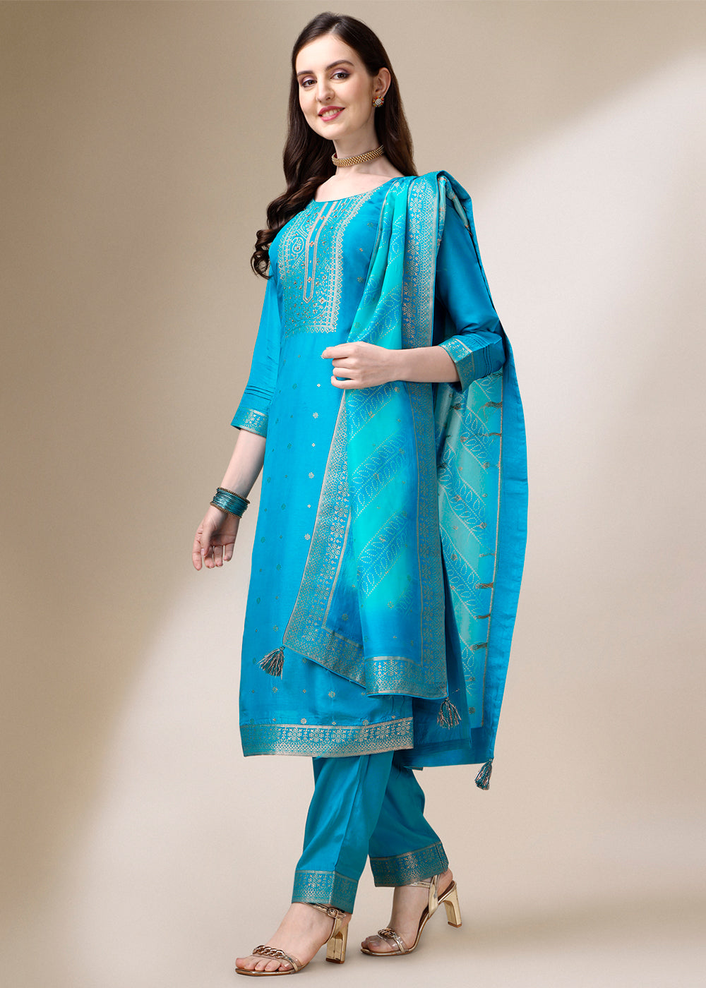 Cerulean Blue Dola Jacquard Silk Suit with Elegant Zari Work