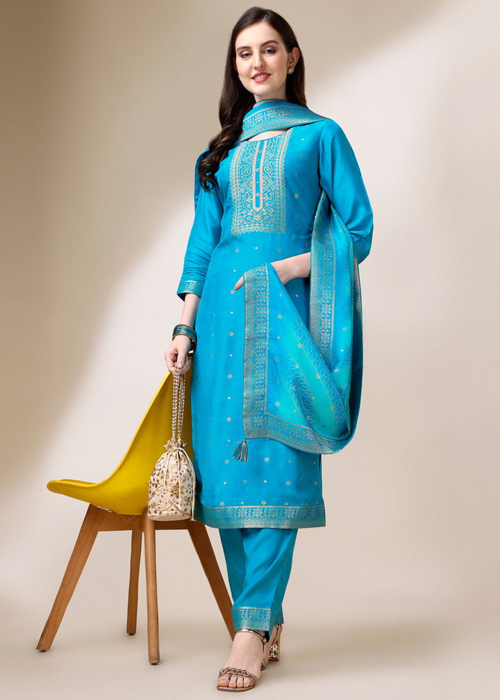 Cerulean Blue Dola Jacquard Silk Suit with Elegant Zari Work