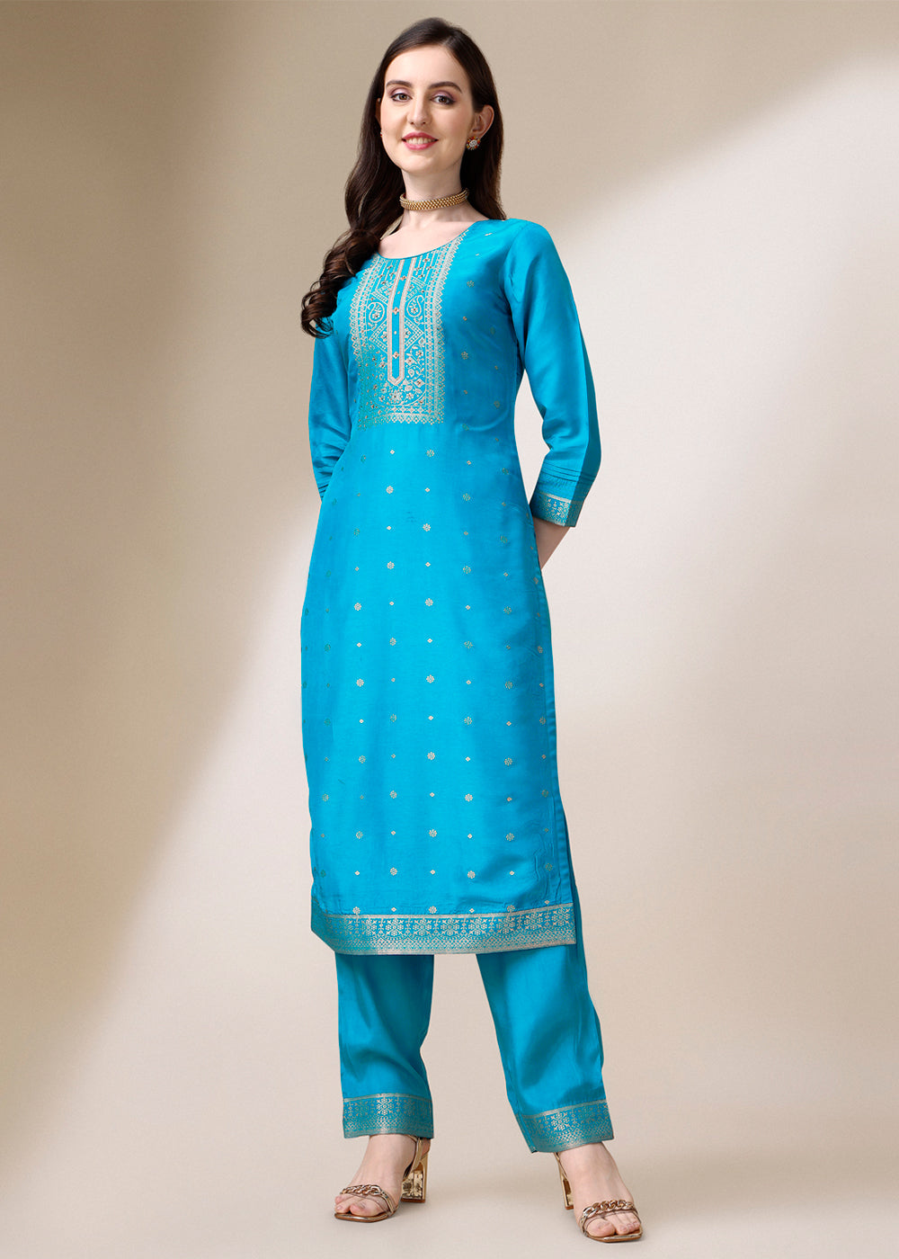 Cerulean Blue Dola Jacquard Silk Suit with Elegant Zari Work