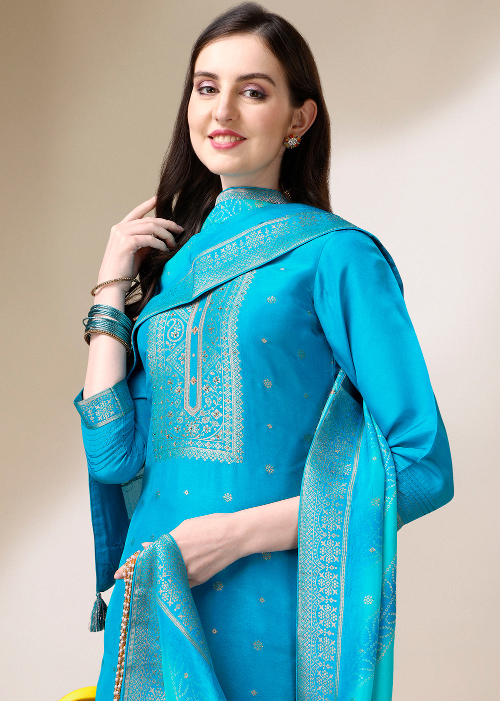 Cerulean Blue Dola Jacquard Silk Suit with Elegant Zari Work