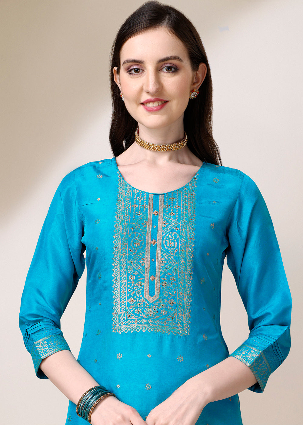 Cerulean Blue Dola Jacquard Silk Suit with Elegant Zari Work