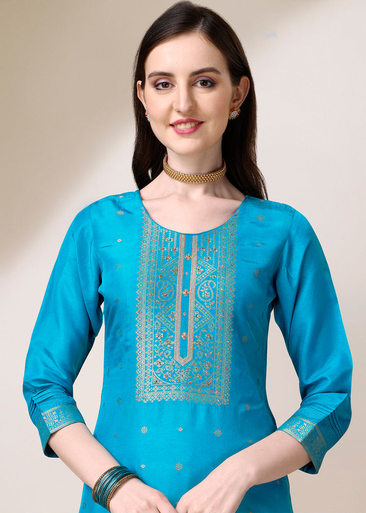 Cerulean Blue Dola Jacquard Silk Suit with Elegant Zari Work