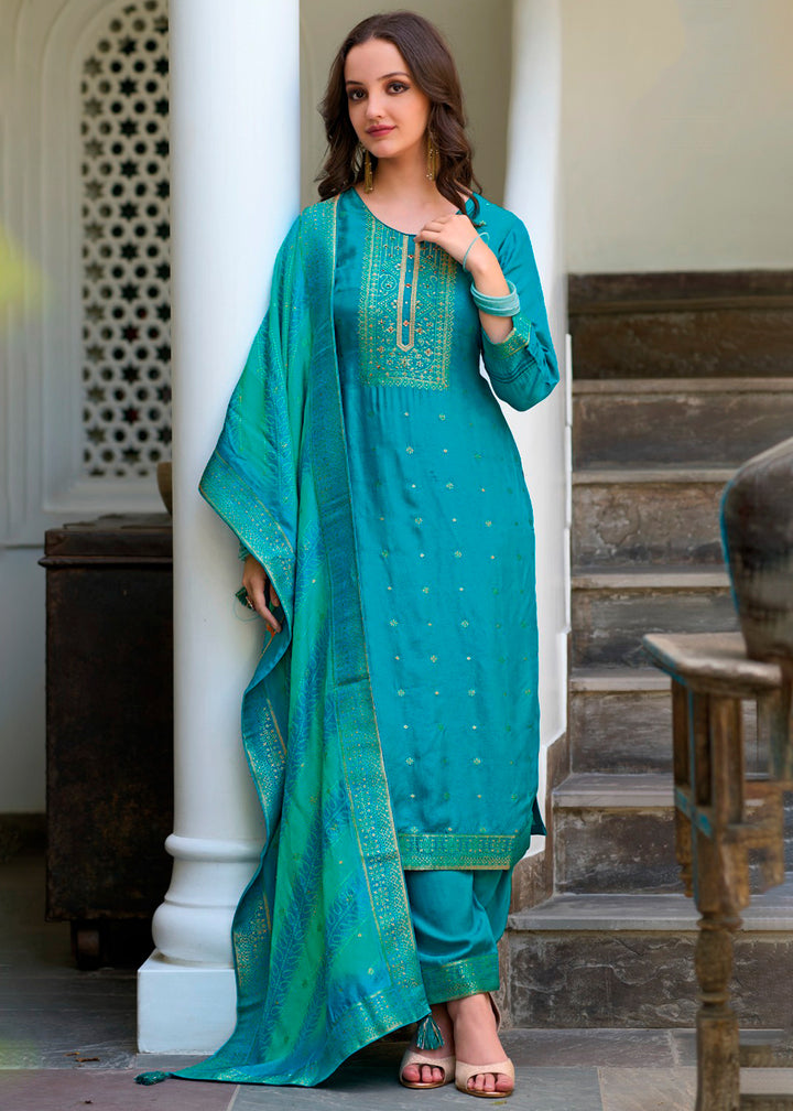 Cerulean Blue Dola Jacquard Silk Suit with Elegant Zari Work