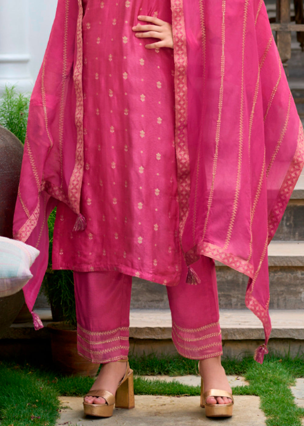 Shocking Pink Dola Silk Suit Featuring Jacquard Pattern Weaving