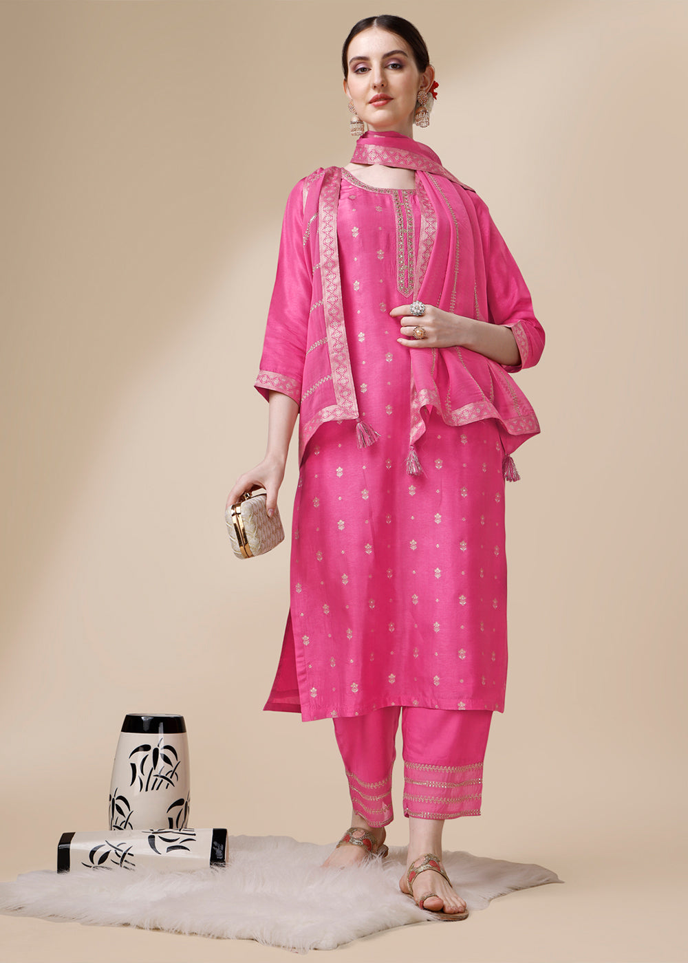 Shocking Pink Dola Silk Suit Featuring Jacquard Pattern Weaving