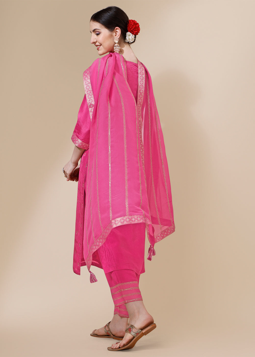 Shocking Pink Dola Silk Suit Featuring Jacquard Pattern Weaving