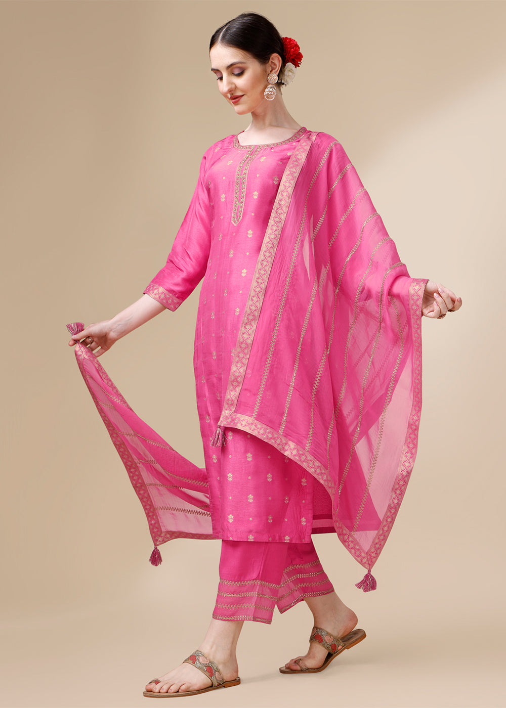 Shocking Pink Dola Silk Suit Featuring Jacquard Pattern Weaving