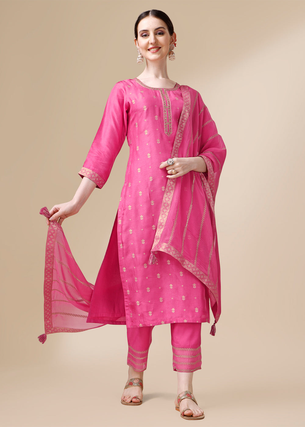 Shocking Pink Dola Silk Suit Featuring Jacquard Pattern Weaving