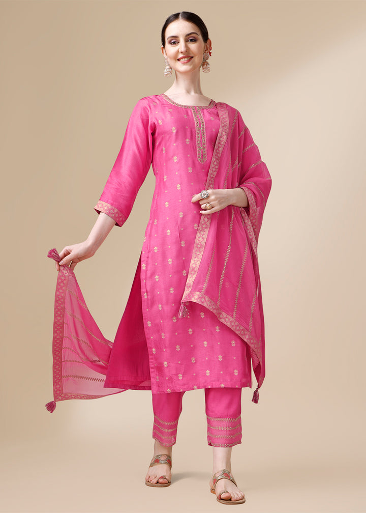 Shocking Pink Dola Silk Suit Featuring Jacquard Pattern Weaving