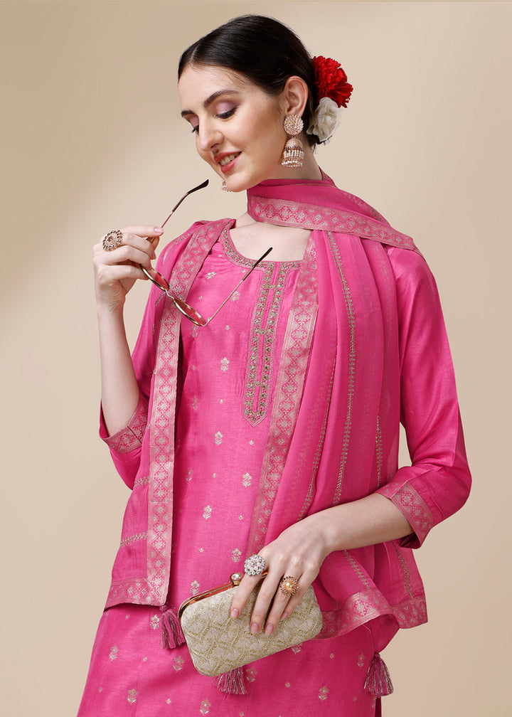 Shocking Pink Dola Silk Suit Featuring Jacquard Pattern Weaving